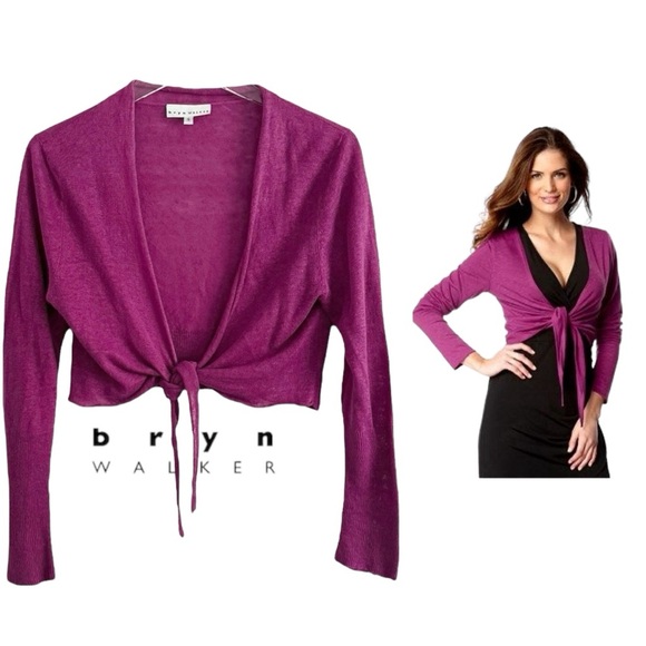 BRYN WALKER LINEN PURPLE LS LIGHT WEIGHT CROPPED SWEATER TOP SHRUG SZ S - Picture 2 of 4